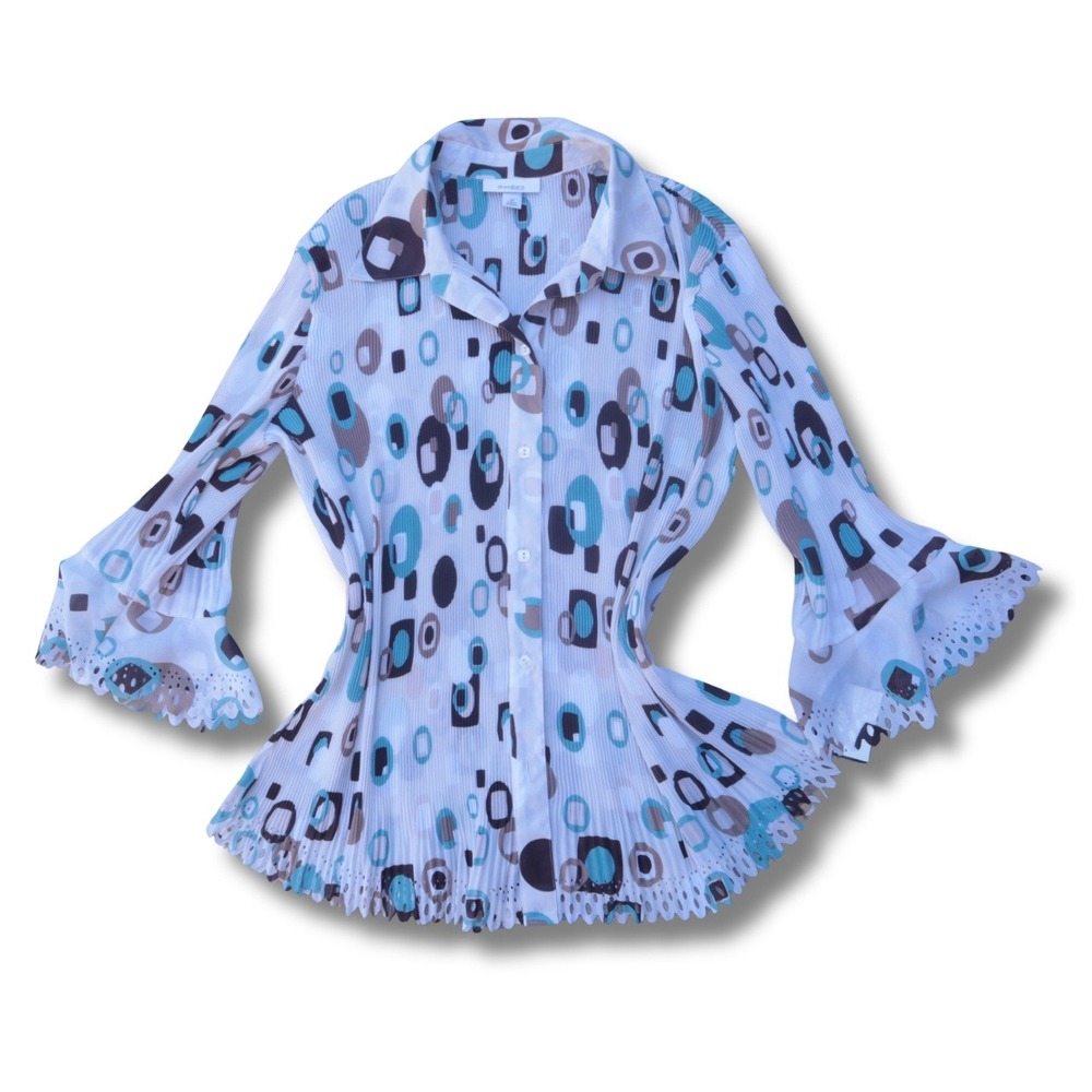 Y2K Dressbarn White Blue Geometric Accordion Pleat Bell Sleeve Blouse 2X